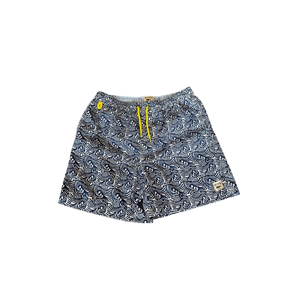Spicy Tuna Mens Navy White Wave Print Swim Trunks Mesh Lined Yellow Drawstring M